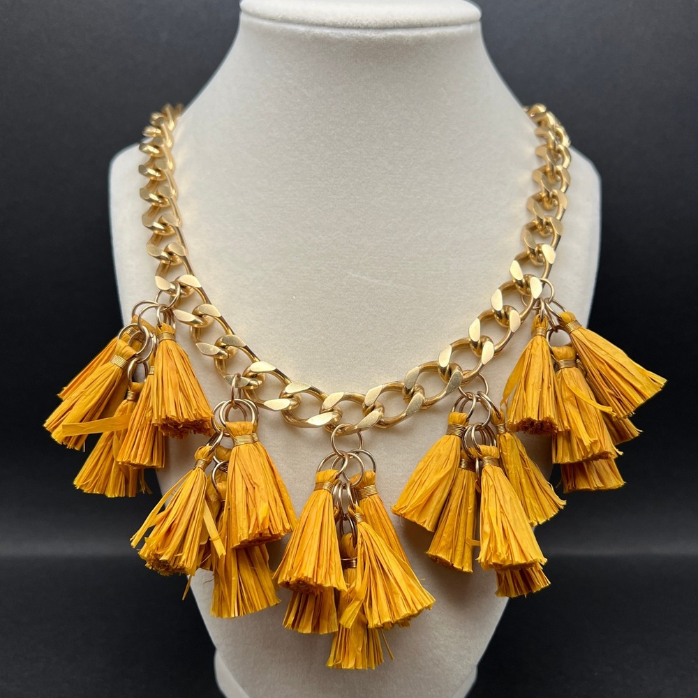 Akola Raffia Tassel Chunky Chain Necklace Uganda Gold Tone Mustard Yellow Boho